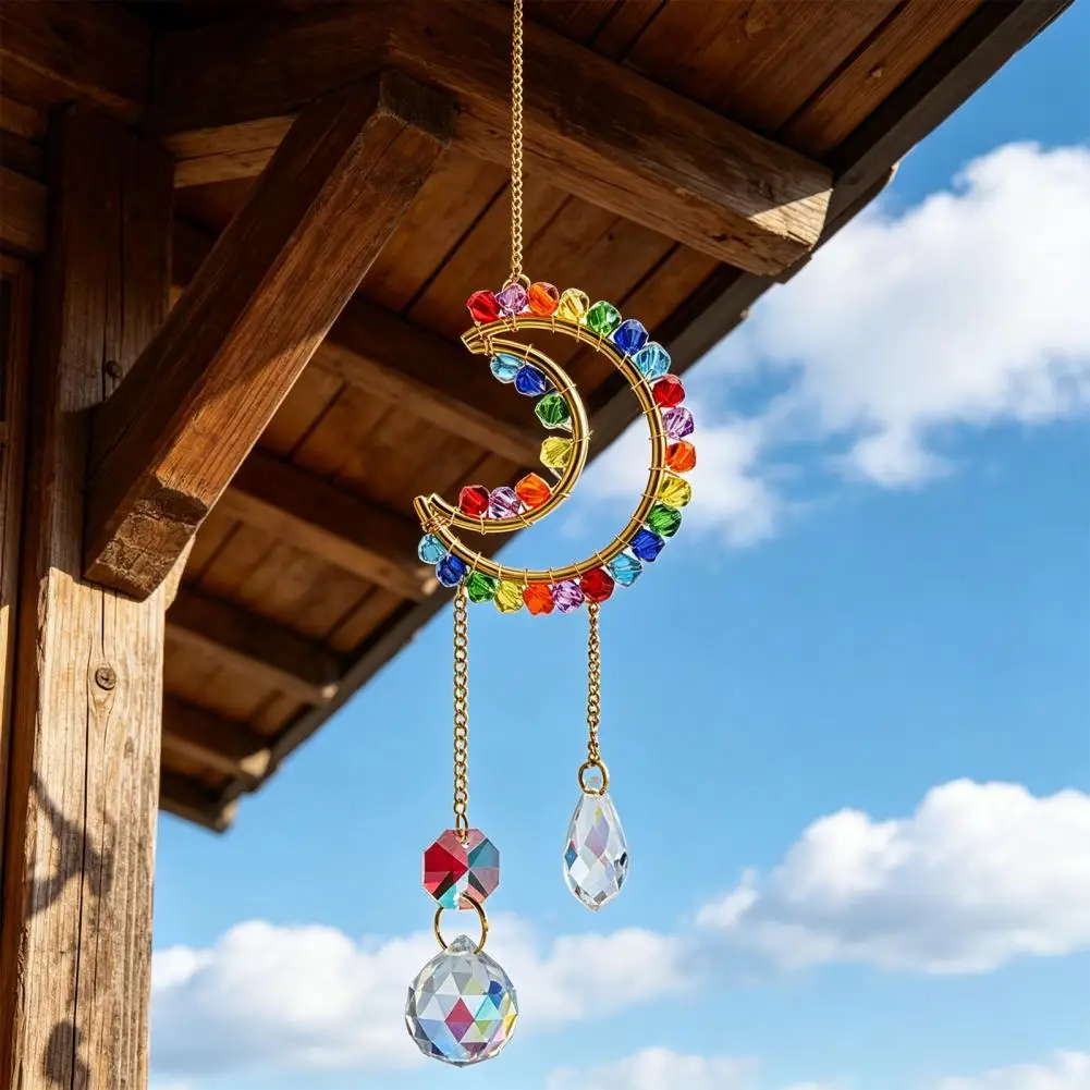 Rainbow Prism Decoration Sun Catcher Hanging Ornament with Rainbow Star Moon Sun Motifs Tangle-proof Cords Colorful Window