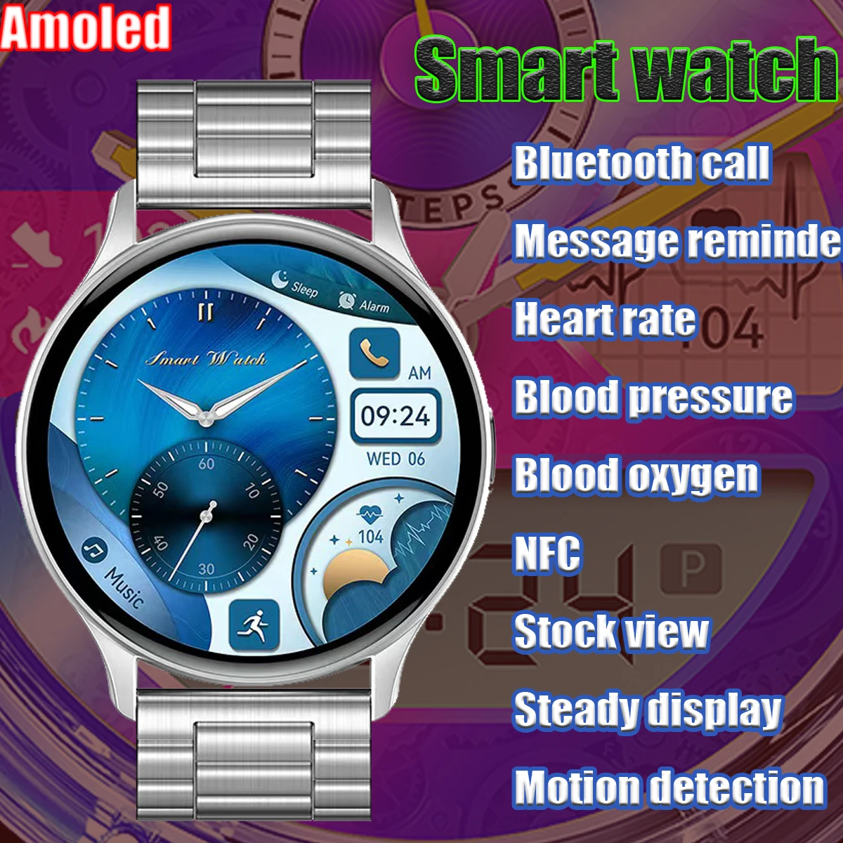 

HK89 Smartwatch Bluetooth Talk Amoled Steady on Pay Stock NFC Pressure Heart rate Blood pressure exercise steps waterproof sleep