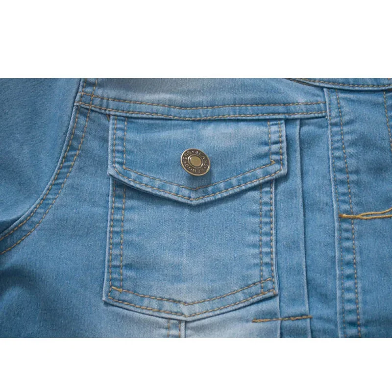 

Vintage Blue Slim Short Denim Jacket Women Thin Elasticity Cowboy Outwear O Neck Big Pocket Half Sleeve Jeans Jacket Coat Female