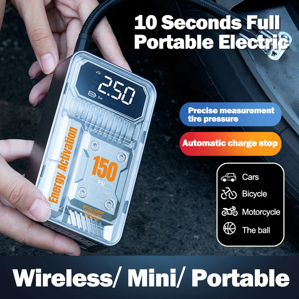 Mini Portable Electric Vehicle Air Pump 150PSI Wireless Car Electric Tire Inflator Portable USB Air Compressor Pump Tire