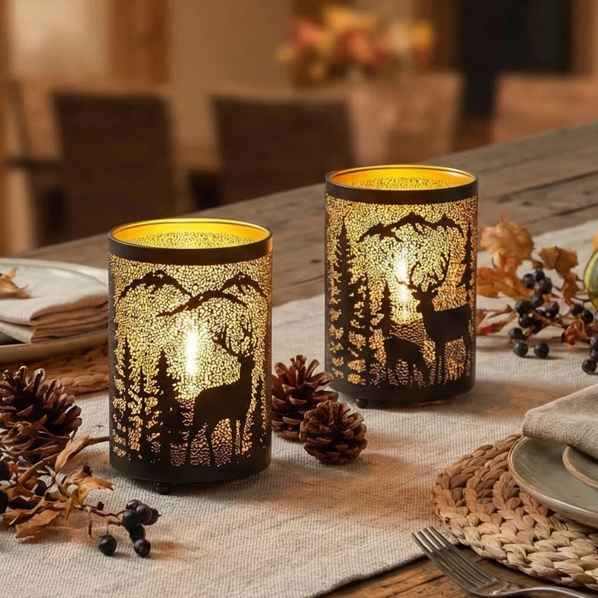 Etched Deer lamp Battery Operated 16CM High Bronze Metal Table Lamp with 6H Timer Decorations for Living Room Tabletop Parties