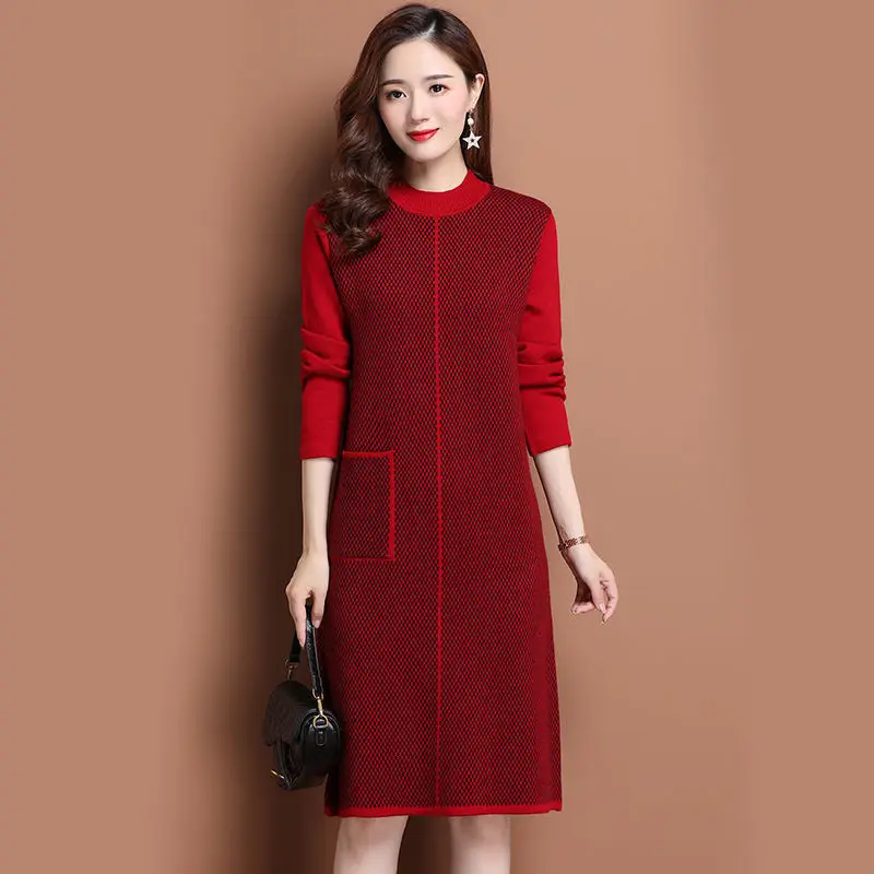 Oversize Women Dresses For Autumn Winter 2024 New Fashion Pockets Half High Collar Pullover Patchwork Office Lady Clothes Dress