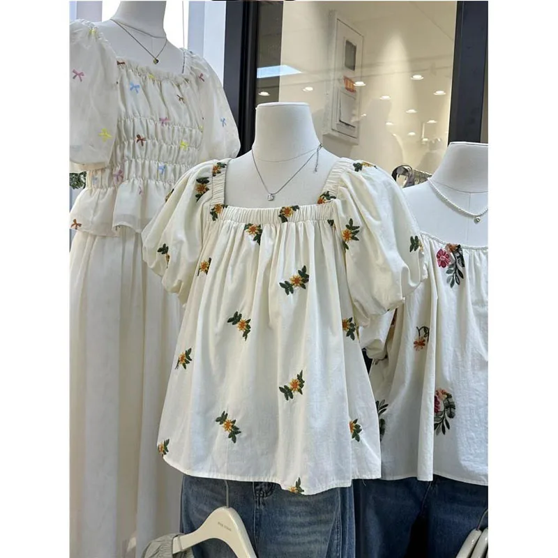 

Large Size Women Summer Puff Sleeve New French Square Neck Short Sleeved Printing Elasticity Prairie Chic Casual All-match Tops