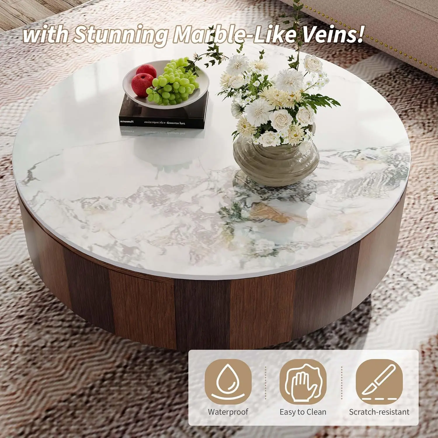 Round Storage Coffee Table 35.4" Mid Century Marble Top Wood Base Living Room No Assembly, Customized