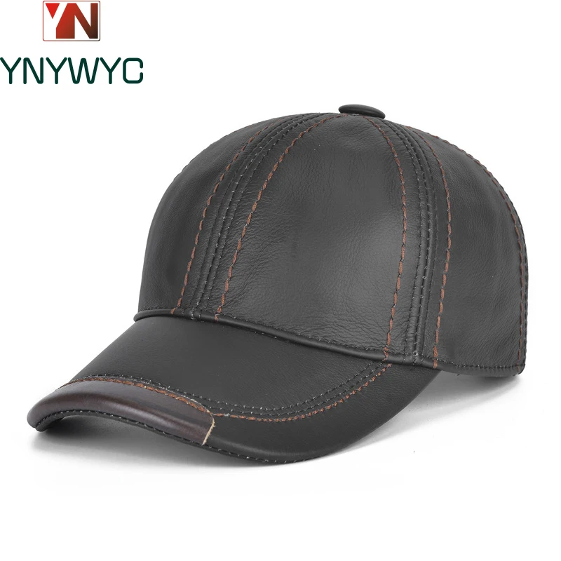 Men Real Cowhide Leather Earlap Caps Male Fall Winter 100% Real Cow Leather Hats New Casual Real Leather Outdoor Baseball Cap