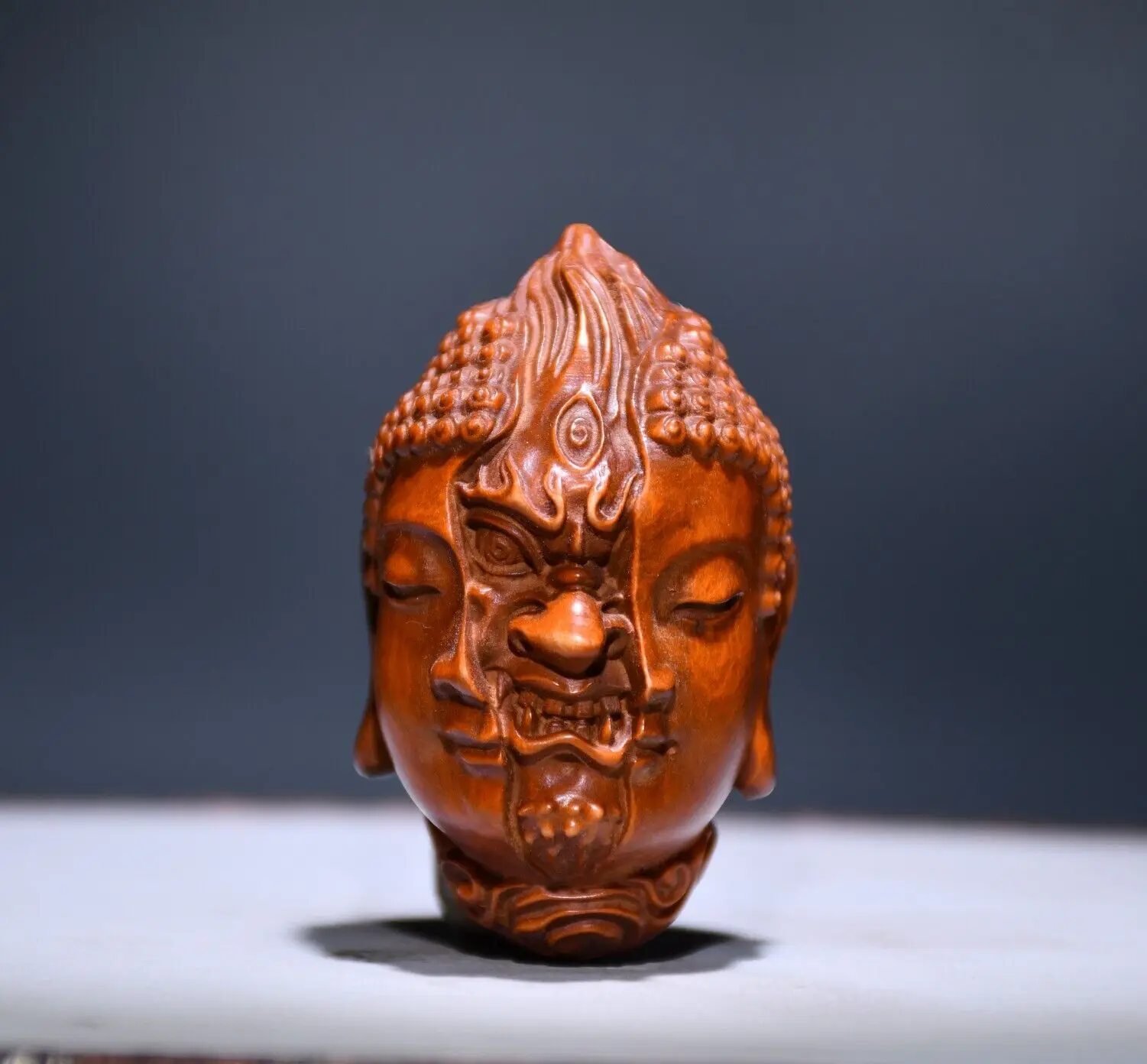 2.2" Chinese Box-wood Hand Engraving Buddhism Buddha Devil Head Statue