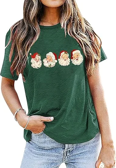 Hot Sale Fashion Christmas Day Women T-shirt Cute Cartoon Santa Claus Picture Print Female Shirt Trend Holiday Party Girl Tee