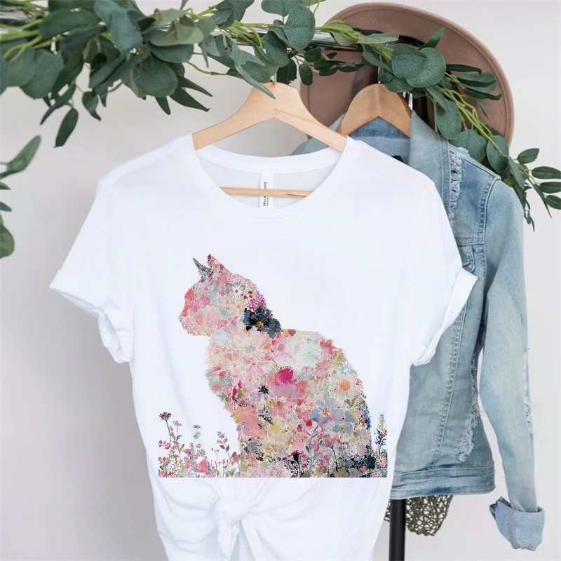 T-shirt da cartone animato con stampa gatto fiore stampato Kawaii T-shirt popolare casual da donna a maniche corte stile estivo anni '90