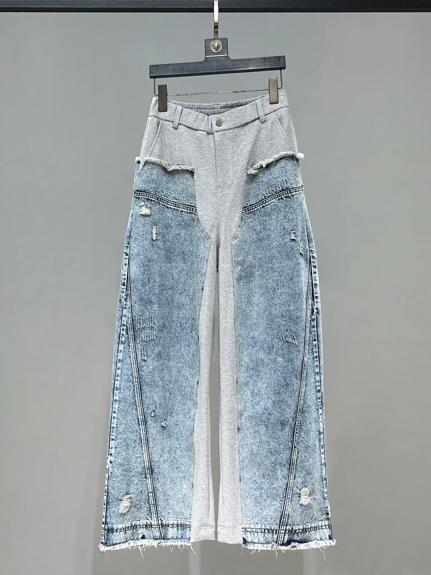 Fashion Casual Men's Denim Patchwork Jacket Set Loose Zipper Jackets Coat High Waist Wide Leg Pants Two-Piece Set Mens Autumn