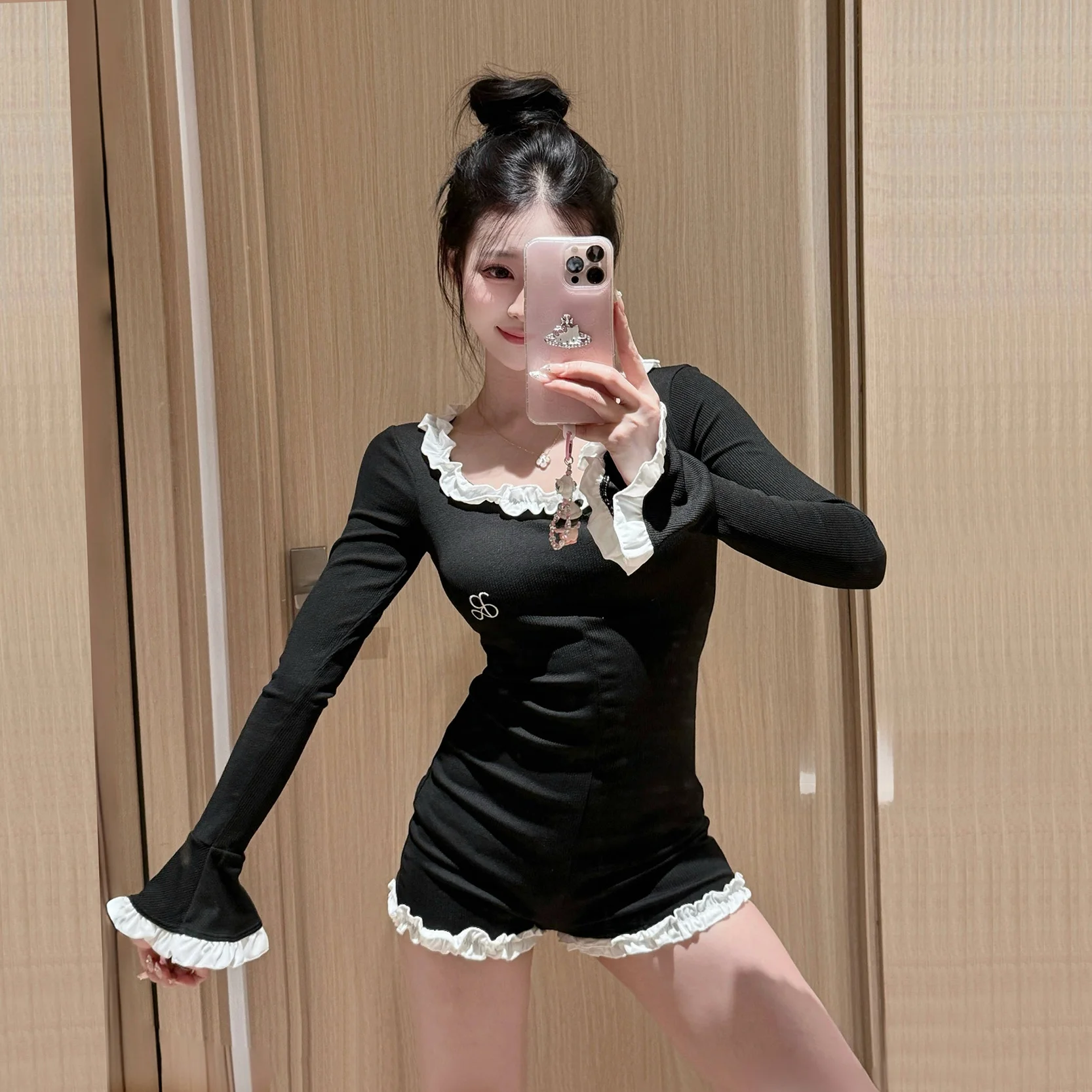 

Сексуальный черный купальник с длинными рукавами для женщин, консервативный, скрывающий живот, для горячих источников, с закрытыми стопами, Ele Sle