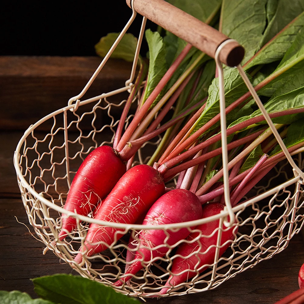 

3Pcs Iron Wire Fruit Basket Large Volume Wooden Handle Multi-Purpose Storage Basket for Home Tabletop Fruits Egg Snacks