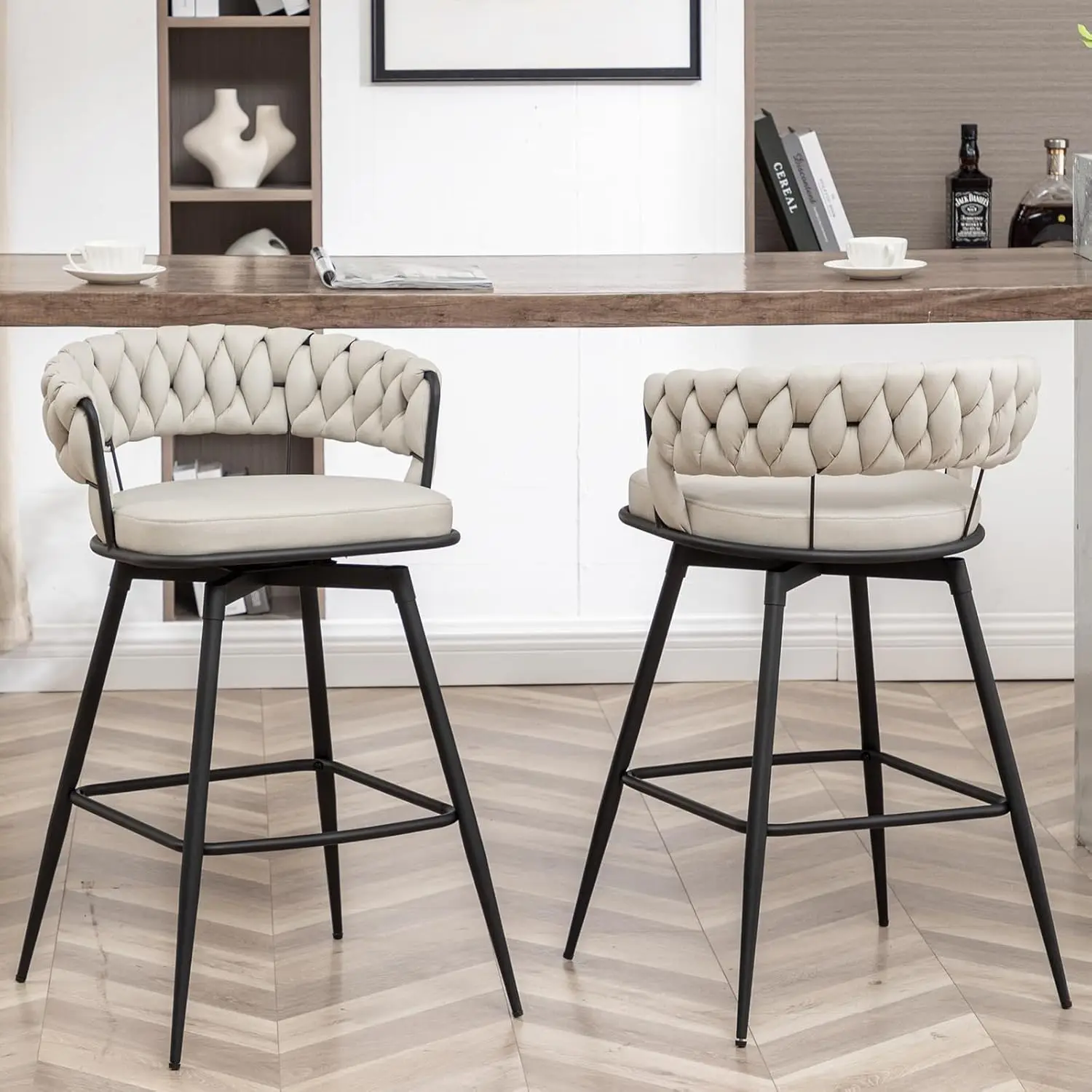 

Swivel Counter Height Bar Stools Set of 2 Curved Back Faux Leather Kitchen Island Dining Room Cafe Pub 24in, Customized