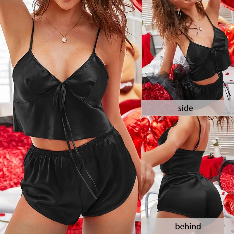 Summer Sexy Chemise Intimate Lingerie Female Suspender Shorts Pijamas Sleeveless Nightwear Pajamas Set