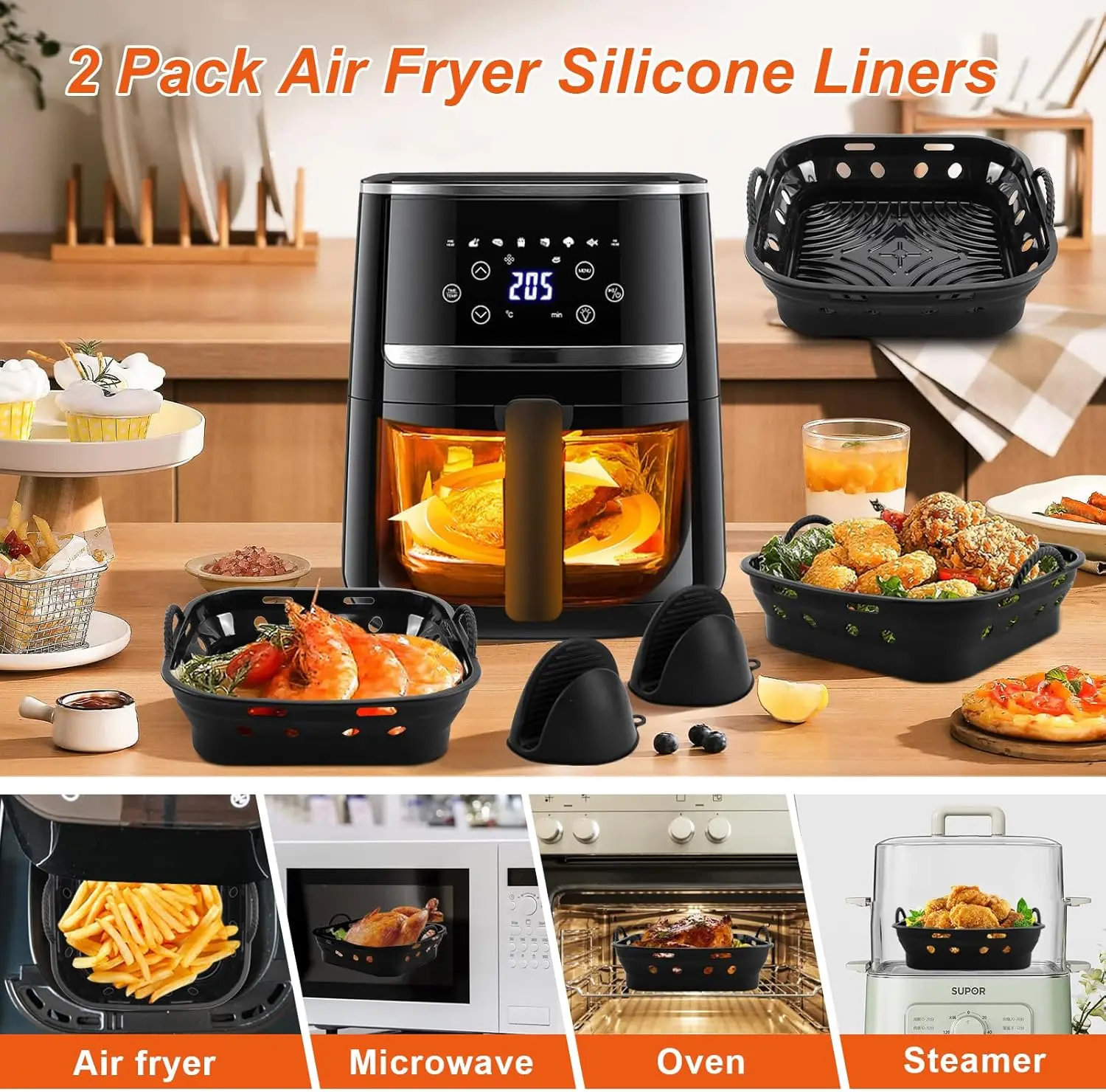22cm Silicone Air Fryer Mold with  Air Fryer Utensils Air Fryer Accessories Compatible with COSORI 5.5L and Cecotec 6L.