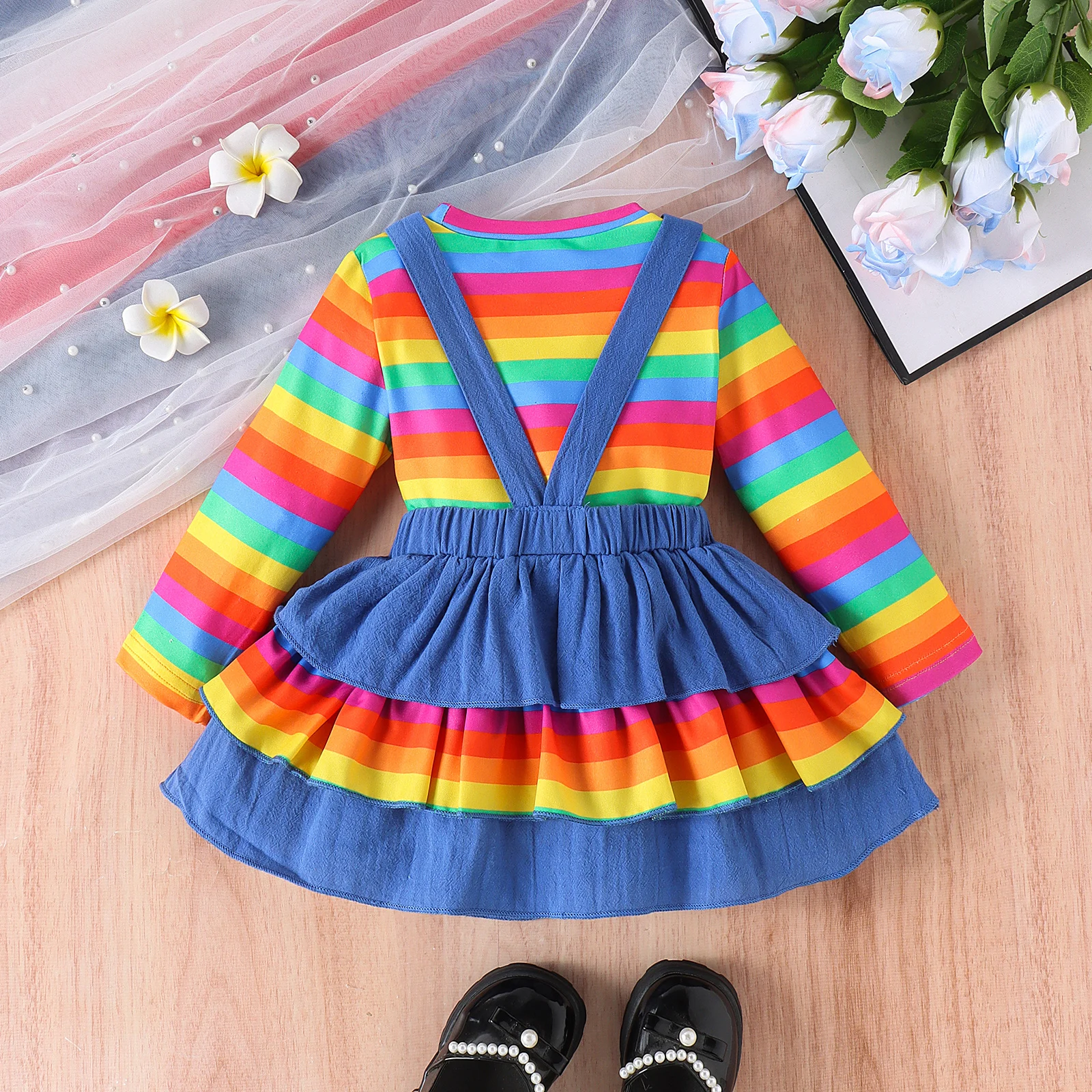 2PCS Autumn New Style 1-4 Year Old Girl Baby Sweet And Cute Round Collar Rainbow Stripe Long-Sleeved Top + Strap Skirt Set