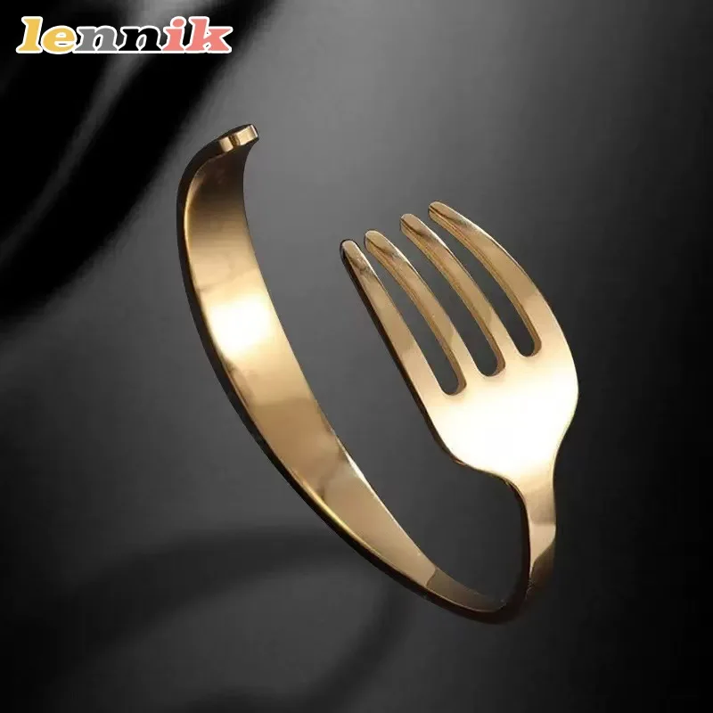 LENNIK 2026 New Creative Stainless Steel Fork Bracelet, Adjustable C-Shaped Open Bangle, Versatile Couple's Jewelry, Hot Sale