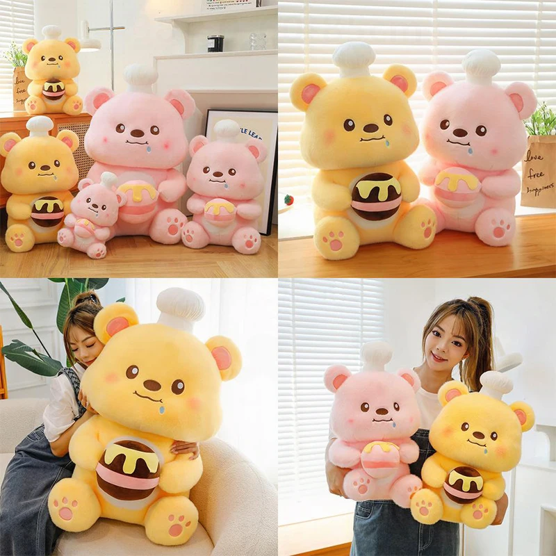 

Kawaii Pink Teddy Bear Chef Plush Toy with Honey Jar Stuffed Doll Cute Birthday Gift for Kids and Couples Soft Cuddly Bear