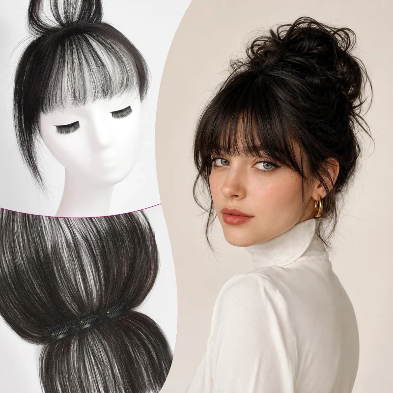 Clip in Bangs 100% Human Hair Natural Black with 3 Clips 360 Degree Cover Top Hairpieces 5 Inch Wispy Fringes for Women Facial