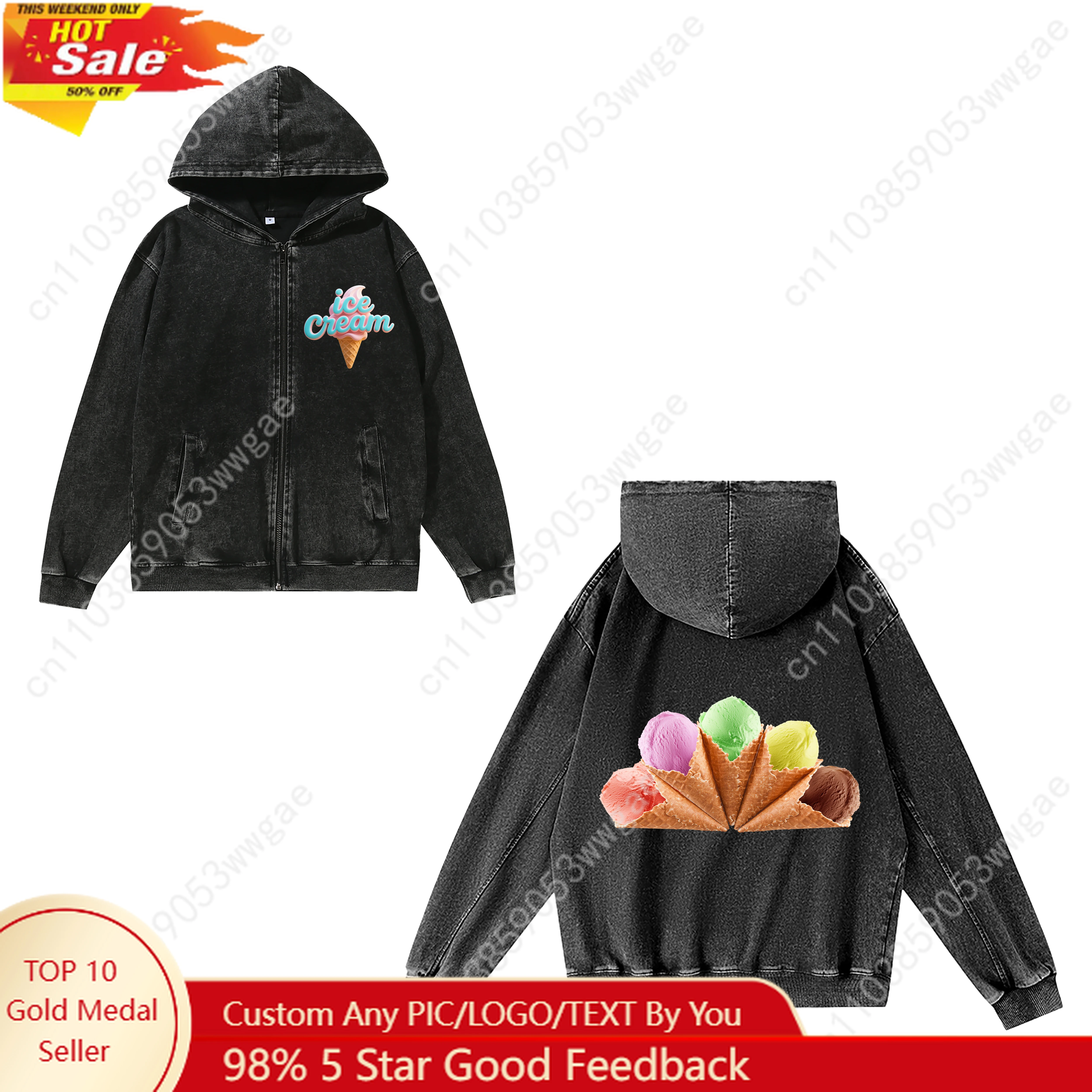 

Ice Cream Zipper Sweatshirts Mens Womans Retro Hoodies Vintage Pullover Sweat Shirt With Pocket Full Zip Customized Jacket Tops