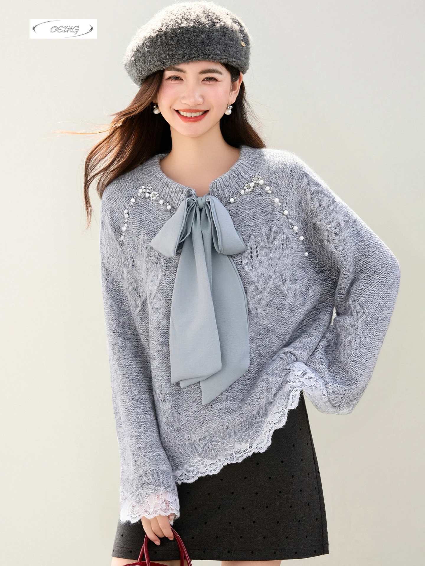 

Fashion Beading Bow Tie Lace Long Sleeve Knitted Pullover Sweater for Women Autumn Winter Elegant Sweet Loose Tops Knitwear 9805