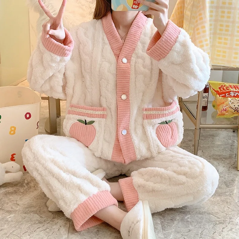 Autumn Winter Warm Flannel Women Pajamas Set Thick Coral Velvet Long Sleeve Cartoon Sleepwear Flannel Pyjamas Home Clothes