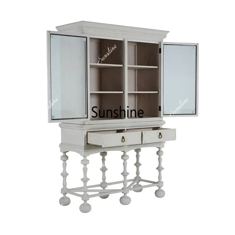 

American retro white bookcase, living room, household glass door, bookshelf, dustproof storage cabinetTJ