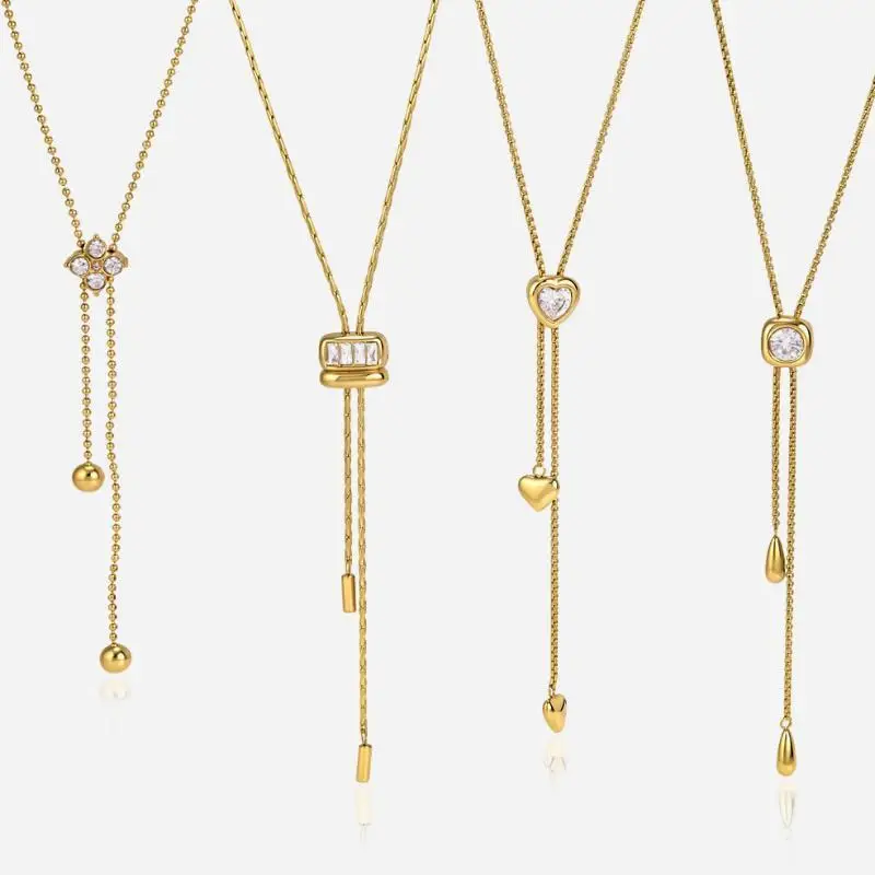 Geometric Zircon Long Adjustable Chain Necklace PVD Gold Plated for Women Valentine's Day Gift Party Wear