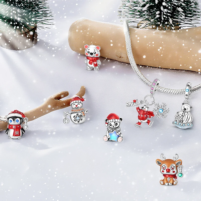 Original 925 Sterling Silver Charms Beads Winter Snowflake Snowman Igloo Penguin Pendant Fit Bracelet Women Jewelry Gift