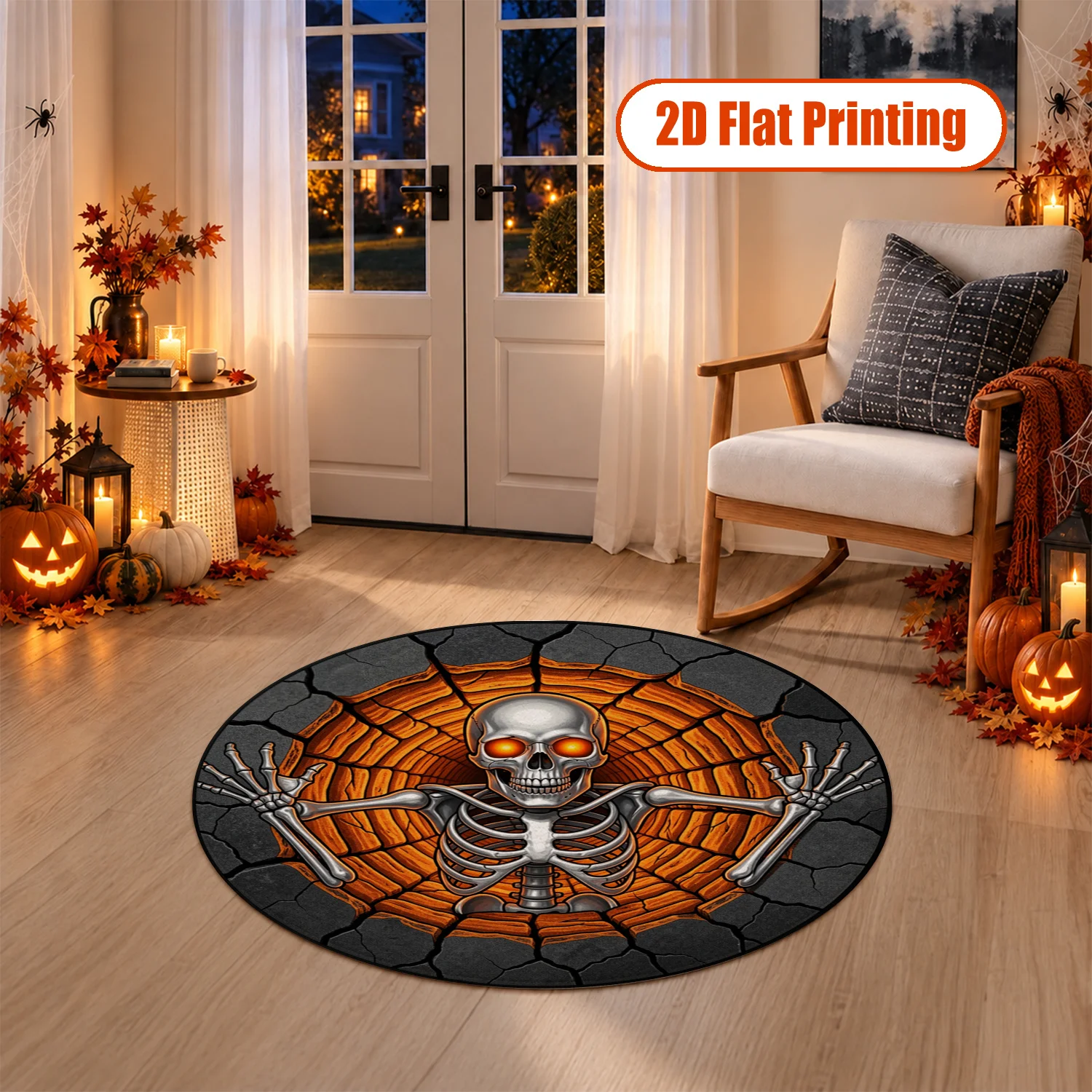 Spooky Skeleton Round Velvet Rug, Machine Washable Floor Mat, Ideal for Living Room, Bedroom, Entryway, Home Decor for Halloween, Thanksgiving, Christmas, New Year, Perfect for Black Friday Events
