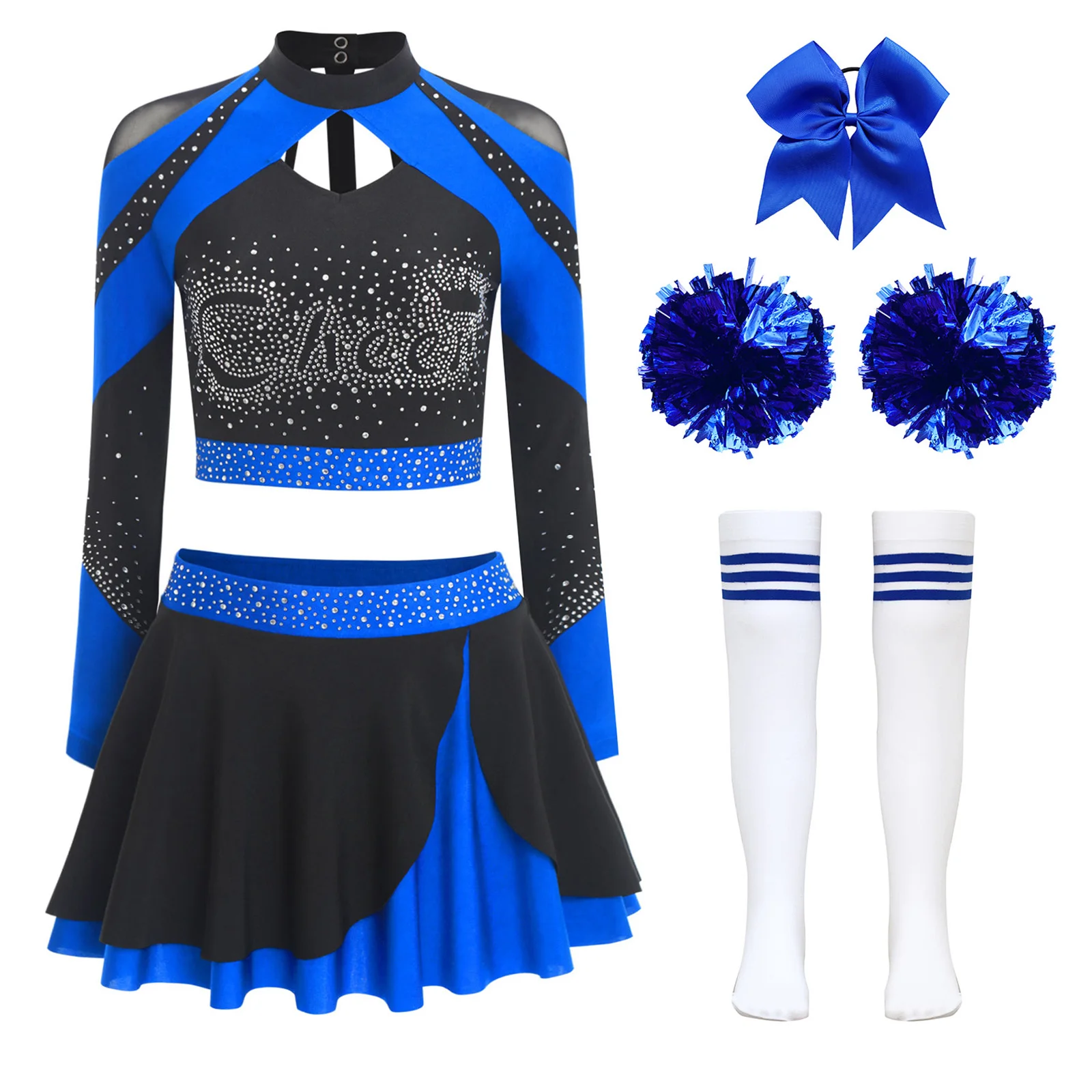 

Women Cheerleading Dress Cosplay Costume Party Dance Cheer Dress Set Shiny Long Sleeve Cheer Dancing Stage Performance Outfits