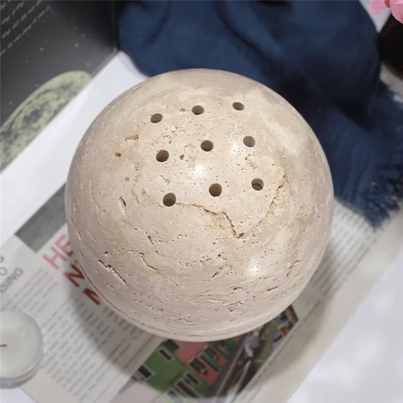 AB45 Beige Travertine Sphere Incense Burner Natural Marble Stone Home Decoration, Religious Round Ornament