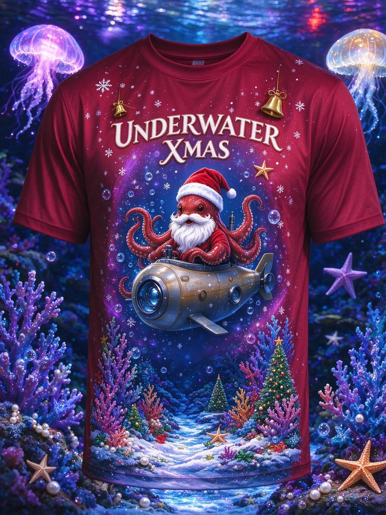 Men Christmas T-shirt Underwater Xmas Octopus Santa Submarine Coral Ocean Graphic Short Sleeve Casual Tee