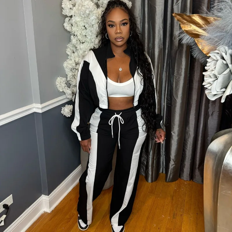 

Women Tracksuits Color Patchwork Casual Sporty 2 Piece Set Long Sleeve Zipper Jacket Crop Top + Drawstring Wide Leg Pants Suits