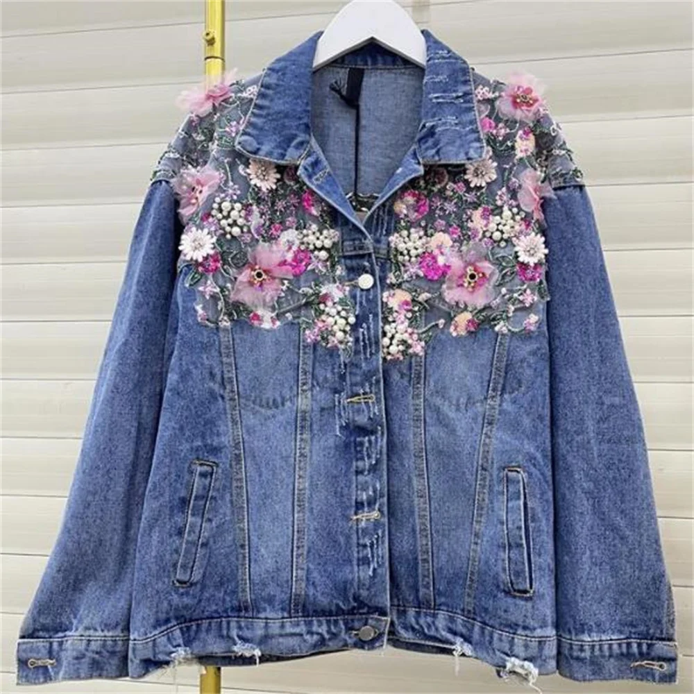 

Nail drill flower denim jacket women's spring and autumn new loose casacos femininos chaquetas vaqueras mujer