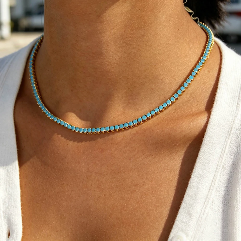 HIP HOP New High Quality Round Turquoise Stone Tennis Choker Necklace for Women Hot Fashion Jewelry Gift Wholesale