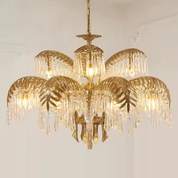 Hand Carving Gold Brass Hanging Pendant Lights Villa Living Room Luxury Crystal  Palm Chandelier