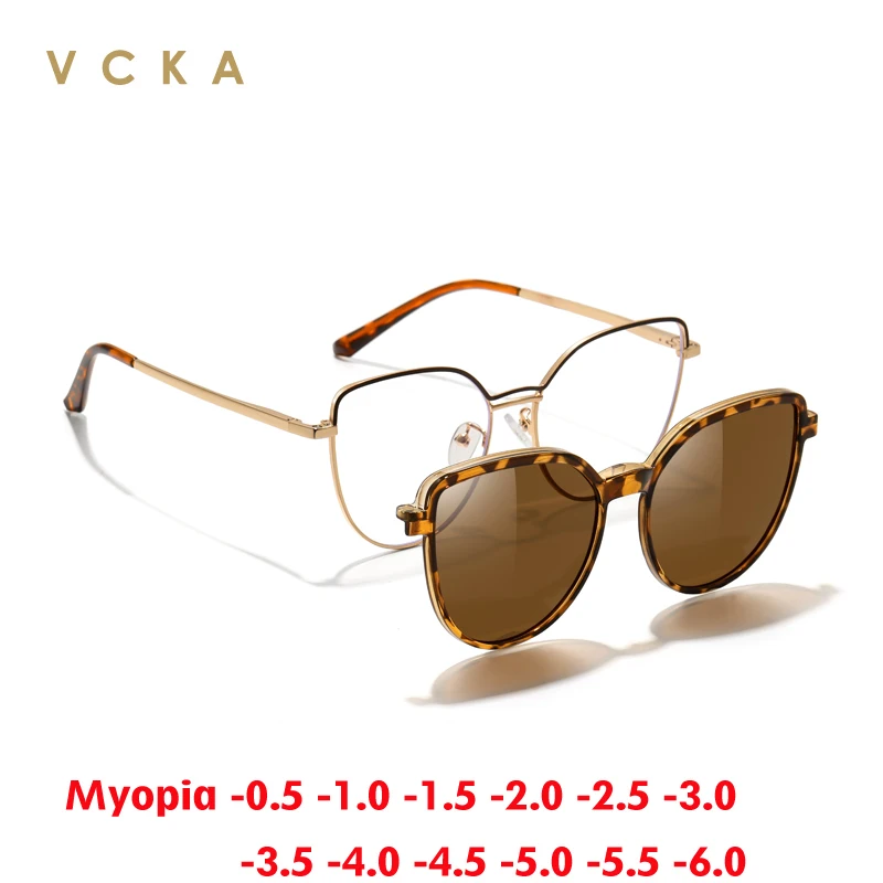

VCKA Fashion Cat Eyes Myopia Sunglasses Frame 2in1 Women Magnetic Clip Polarized Custom Optics Prescription Glasses -0.50 to -10