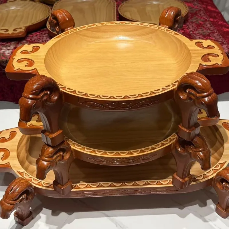 Ethnic, characteristic three-piece set, round plate thickened, wooden high-end