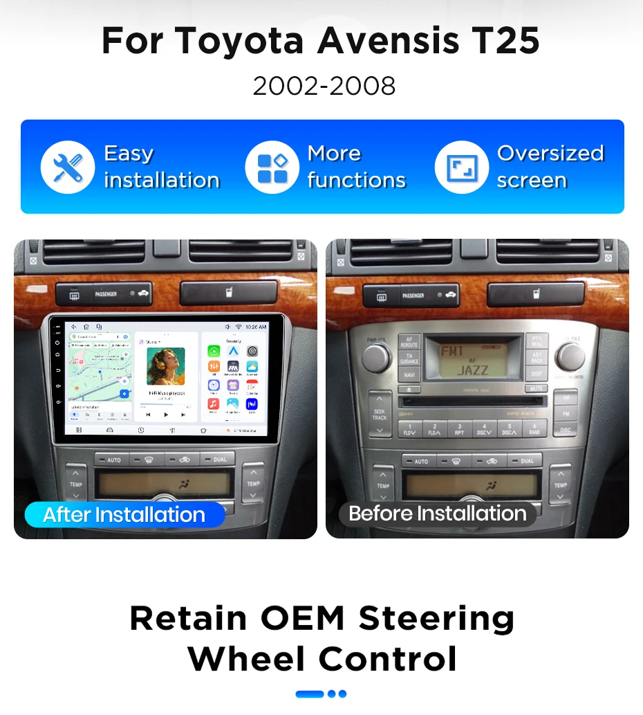 Junsun Android 15 Auto-Intelligentes System für Toyota Avensis T25 2002-2008, kabelloses CarPlay für Apple Auto, 9" – Detail 3