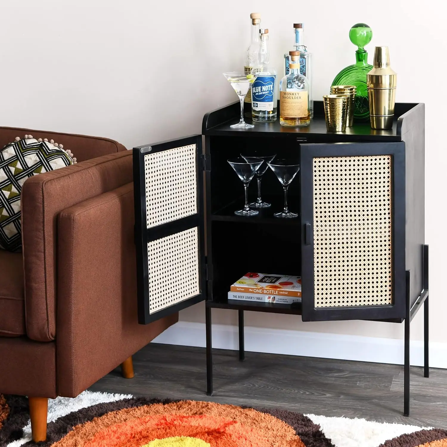 Metal & Mango Wood Natural Woven Cane Details Bar Cabinet for Liquor and Glasses, Black Finish Sideboard Buffet Cbinet w/ Doors