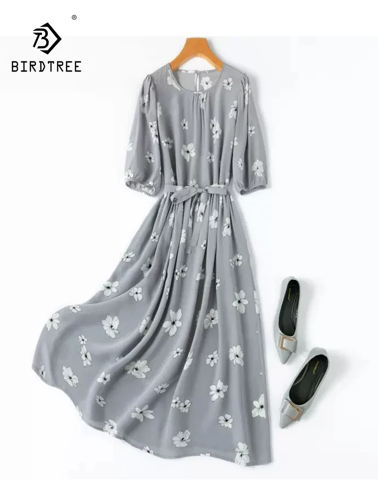 

BirdTree, 100%Real Silk Patry Dress For Women, Puff Sleeve Flower Printed, Elegant Temperament Dresses, 2024 Summer New D43218QC