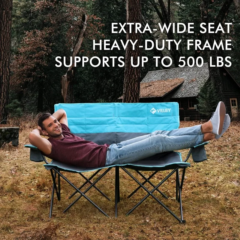 VILLEY Double Camping Chair, Extra Wide Loveseat, Heavy Duty Padded Camping Couch, Portable Folding Camp Chair w/Carry