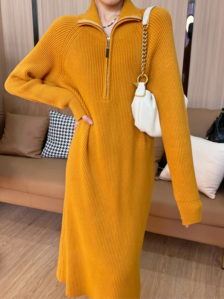 

Dress for Women 2023 New Oversize Sweater Zipper Solid Knitted Dresses Winter Sweaters Fashion Elegant Women's Clothing Robe