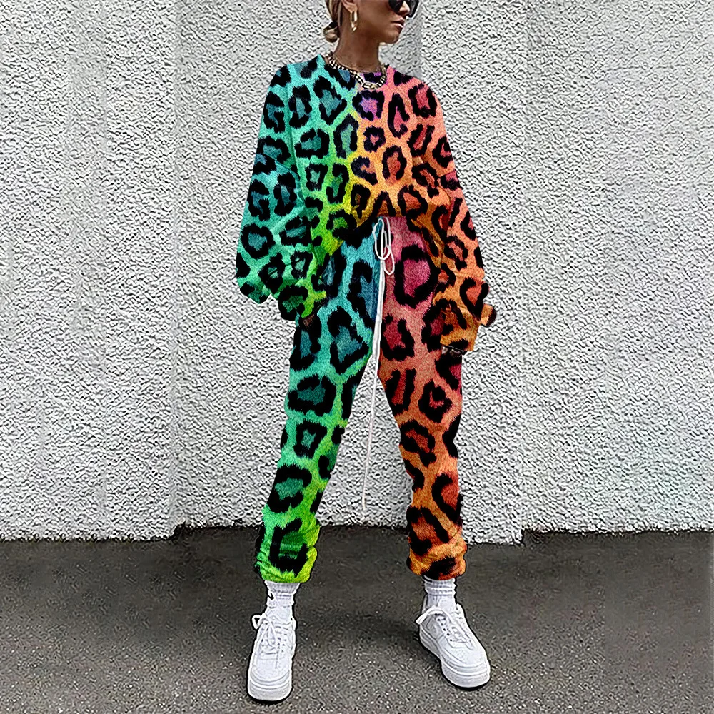 Autumn Women Two Piece Set Long Sleeve Pullover Tracksuits Spring Leopard Print Sweatshirt Jogger Pants Suit