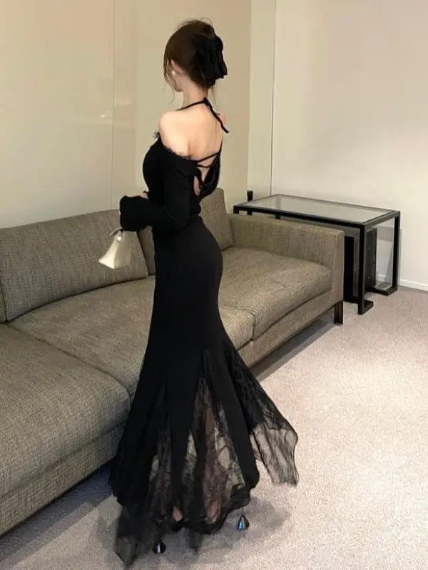 ชุดเดรสค็อกเทลสีดำหรูหรา ผ้าซีทรูจับจีบ สำหรับผู้หญิง ดีไซน์ลูกไม้ประณีต ตัดเย็บแบบเว้าช่วงตัว ชุดราตรีทรงเข้ารูปสำหรับงานเลี้ยง งานพรอม