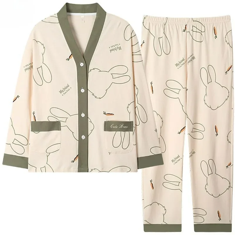 100% Cotton Pajamas Spring Autumn Women Long Sleeve Cardigan Simple Fashion Homewear Suit Female Large Size V-neck Sleepwear