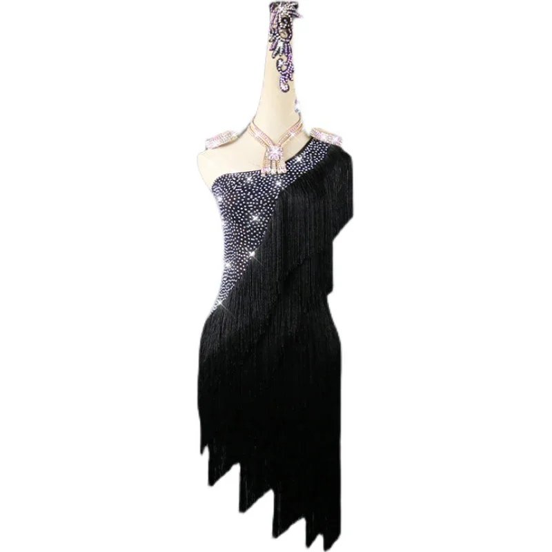 

Rhinestones Latin Dance Dress For Women Black Fringe Latina Wear Womens Ballroom Competition Dresses Customize Aldult Children's