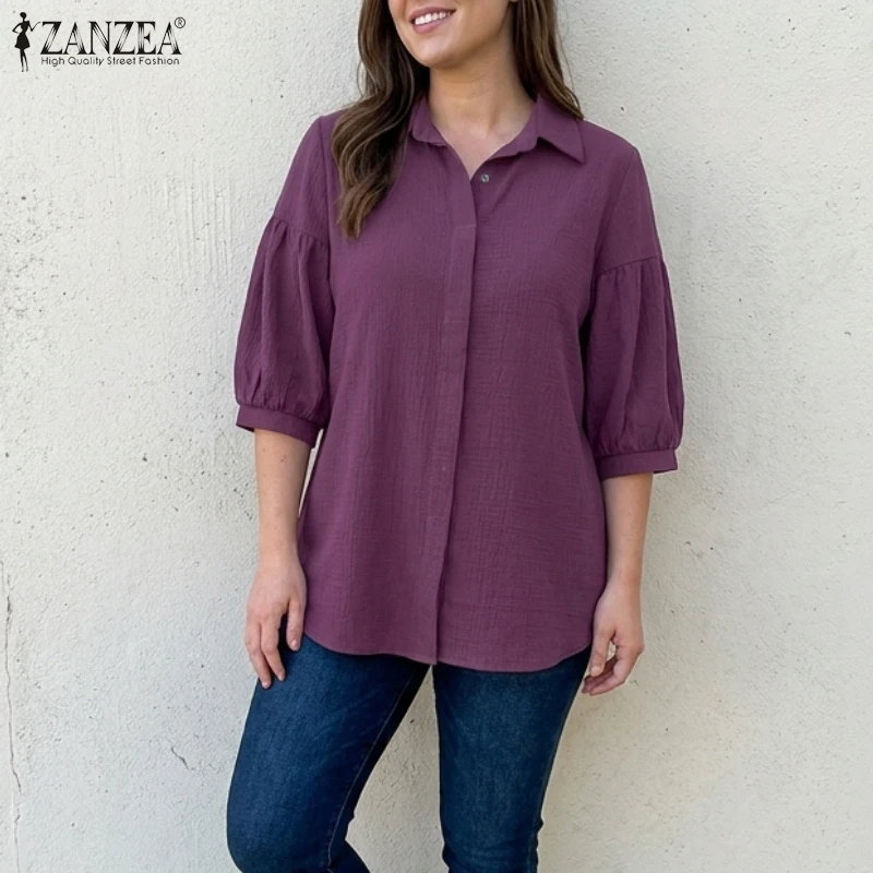 

Women's Casual 3/4 Lantern Sleeve Shirts Turn-Down Collar Half-Buttons Crinkled Fabric Solid Color Blouses ZANZEA Minimalist Top