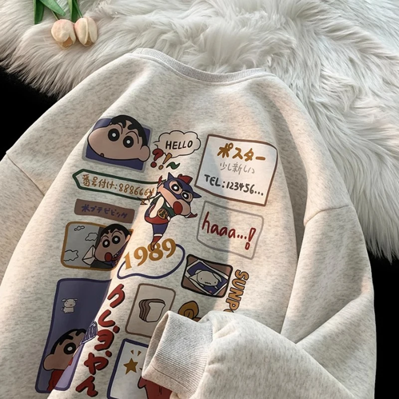 Autumn Winter Cartoon Anime Crayon Shin-Chan Long Sleeved Sweater Cute Loose Casual Pullover Cartoon Print Girl Birthday Gifts