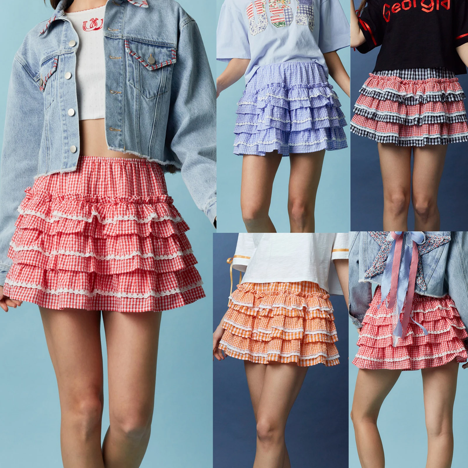 

Women's Summer Vintage 90s Aesthetic Mini Skirts Plaid Gingham Casual Low Waist Plaid Print Layered Ruffles A-Line Skirts